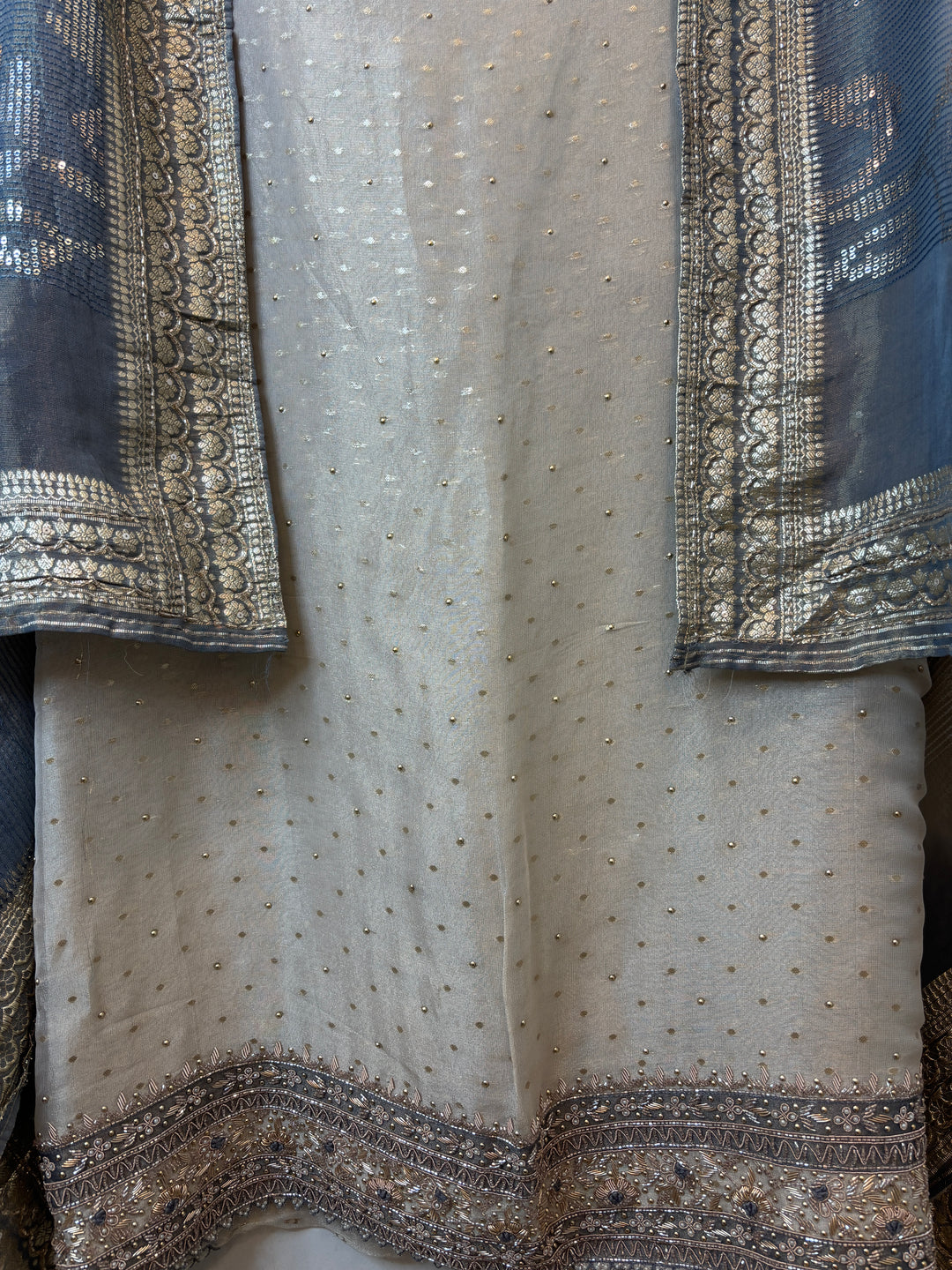 Aaliya – Ivory with Blue Tissue Banarasi Beaded Embellished Ensemble