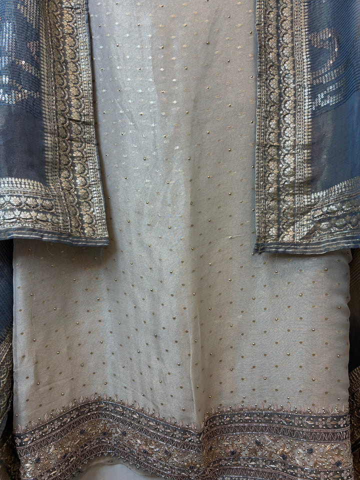 Aaliya – Ivory with Blue Tissue Banarasi Beaded Embellished Ensemble
