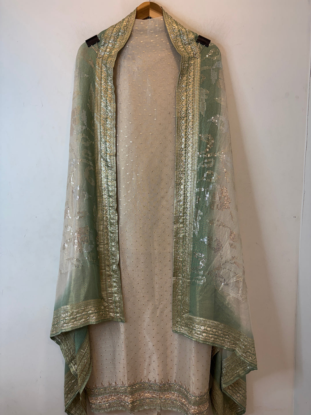 Aaliya – Ivory with Green Tissue Banarasi Beaded Embellished Ensemble
