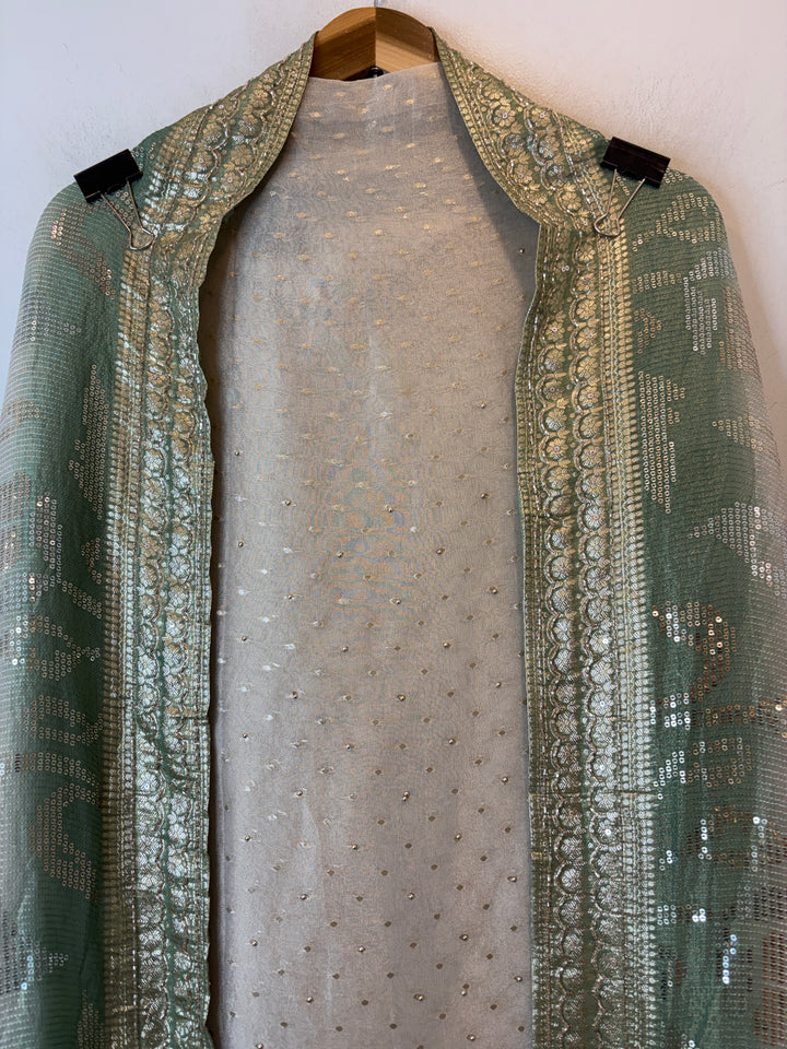 Aaliya – Ivory with Green Tissue Banarasi Beaded Embellished Ensemble
