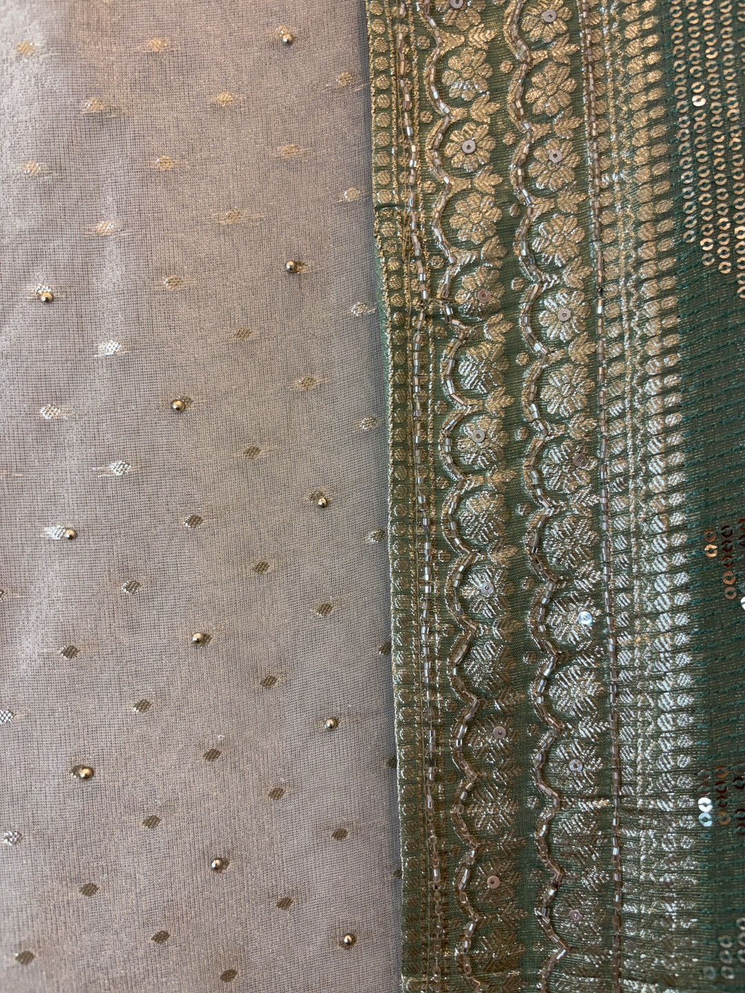 Aaliya – Ivory with Green Tissue Banarasi Beaded Embellished Ensemble