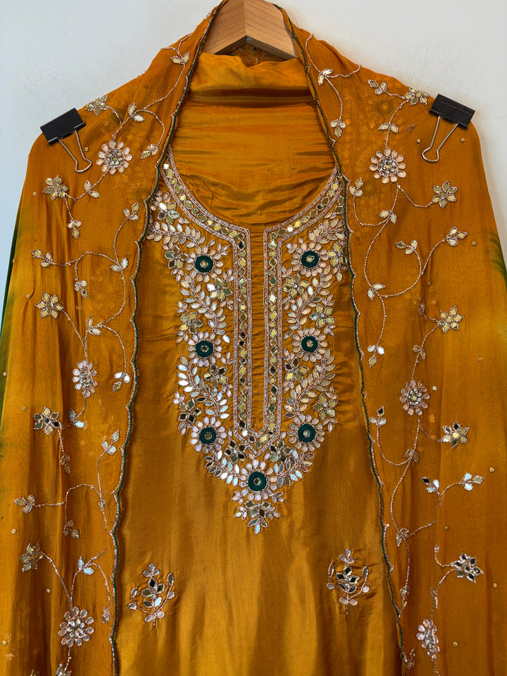 Mahira – Mustard Yellow Silk Cutdana Dabka Mirror Ensemble