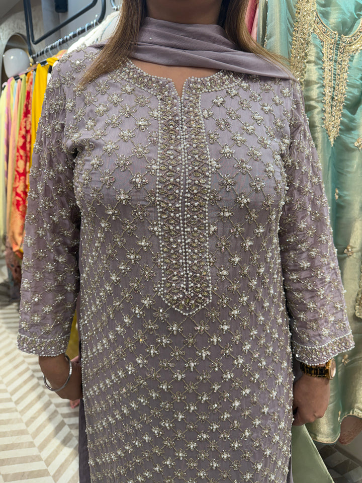 Lilac Chinon Heavy Handworked Suit Set with Pearl &amp; Tassel Detailing