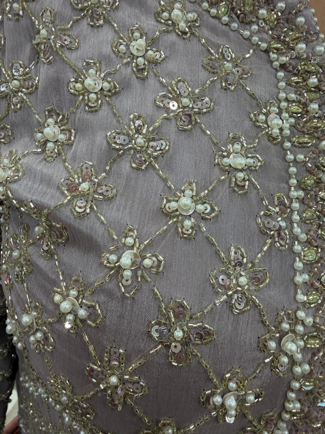 Lilac Chinon Heavy Handworked Suit Set with Pearl &amp; Tassel Detailing