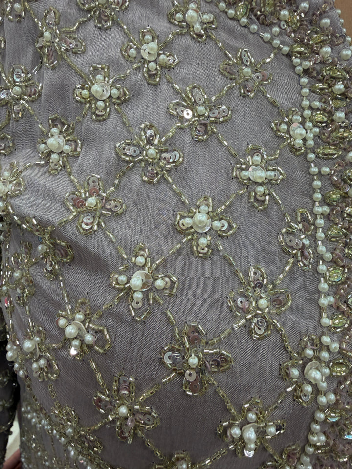 Lilac Chinon Heavy Handworked Suit Set with Pearl &amp; Tassel Detailing