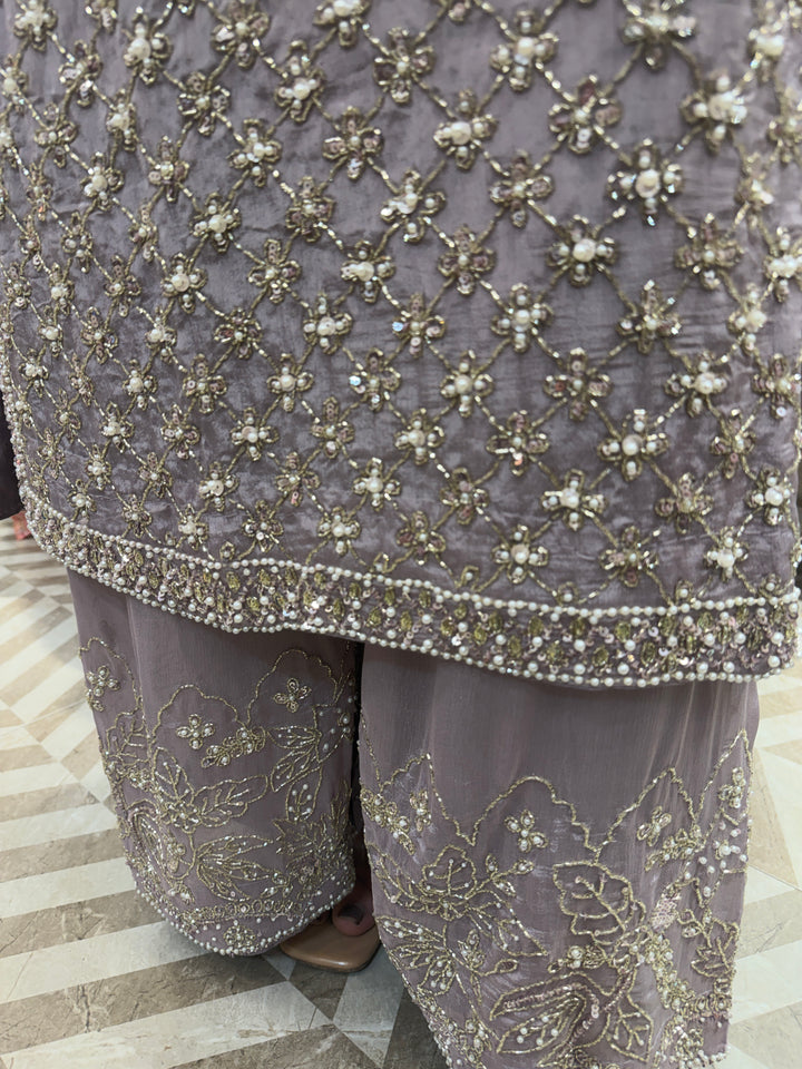 Lilac Chinon Heavy Handworked Suit Set with Pearl &amp; Tassel Detailing