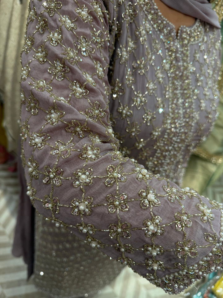 Lilac Chinon Heavy Handworked Suit Set with Pearl &amp; Tassel Detailing