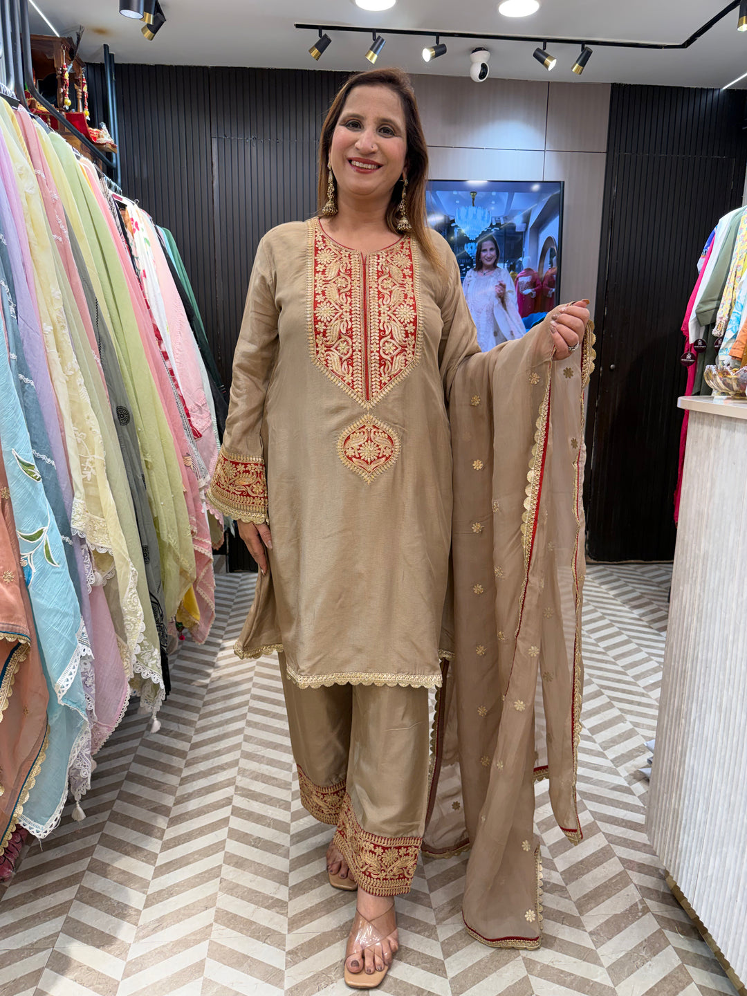 Beige Dhola Silk Suit Set with Organza Dupatta &amp; Cutwork Detailing