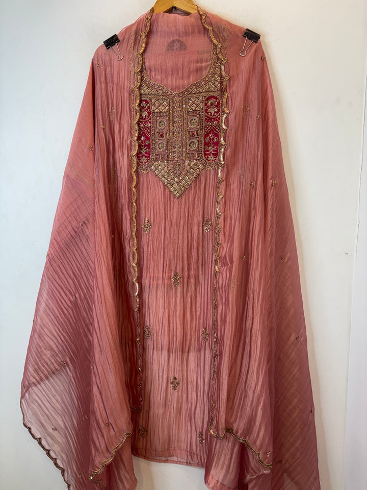 Amara – Pink Crush Tissue Anti-Gold Zardozi Ensemble