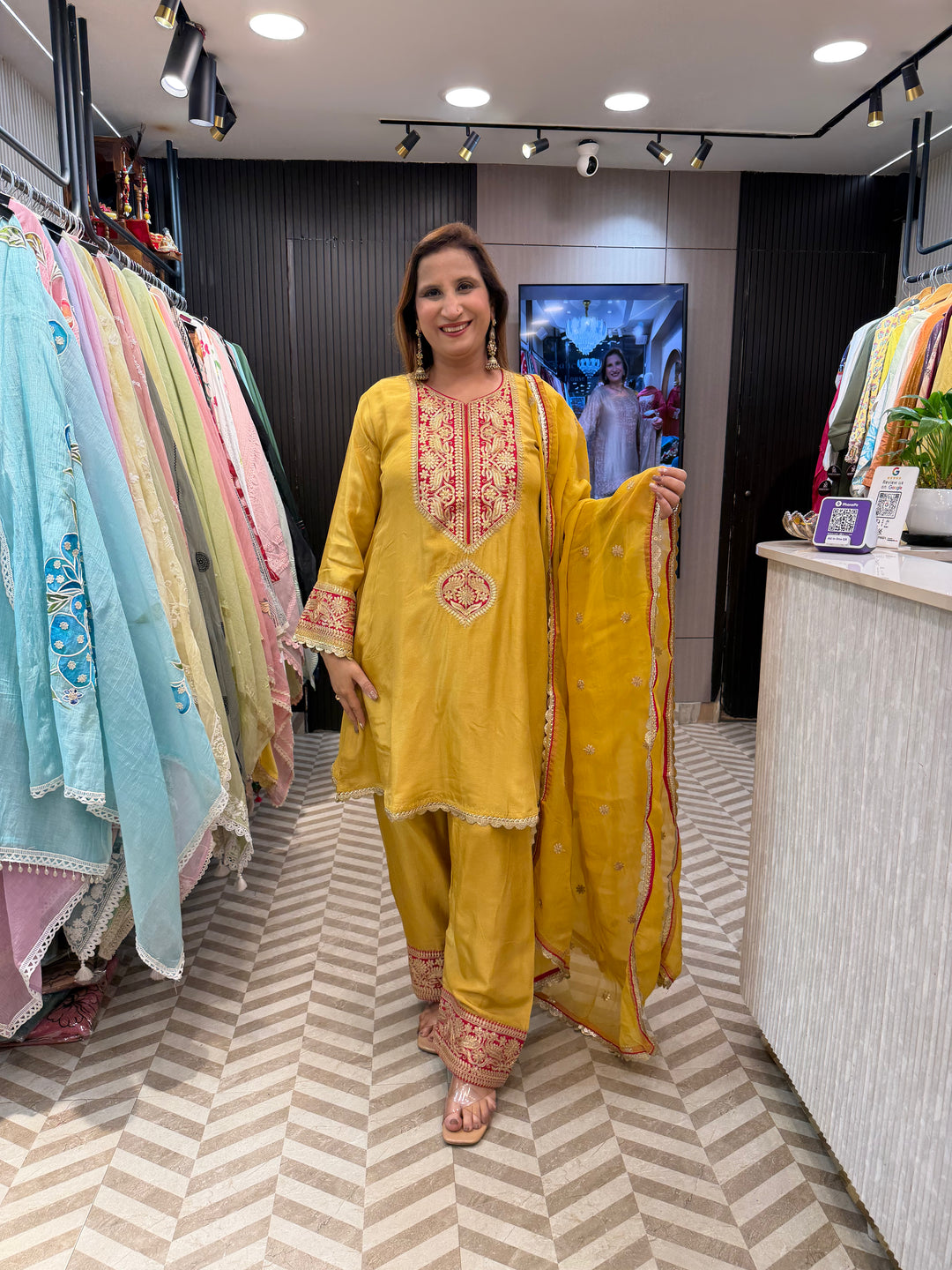Yellow Dhola Silk Suit Set with Organza Dupatta &amp; Cutwork Detailing