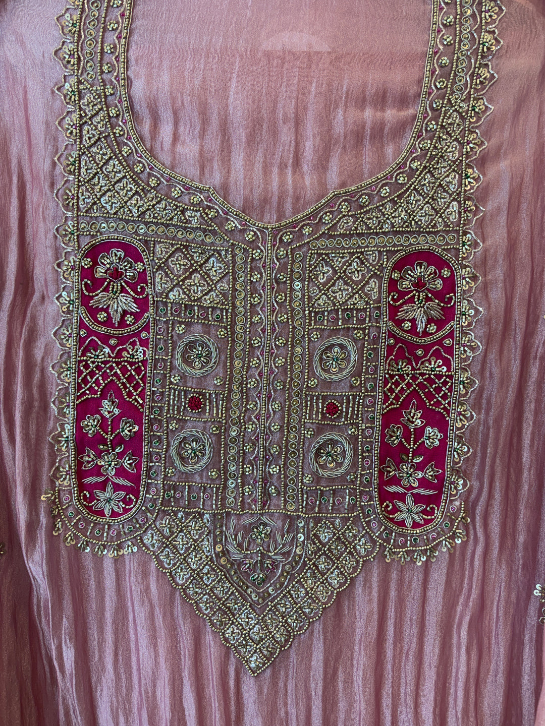 Amara – Pink Crush Tissue Anti-Gold Zardozi Ensemble