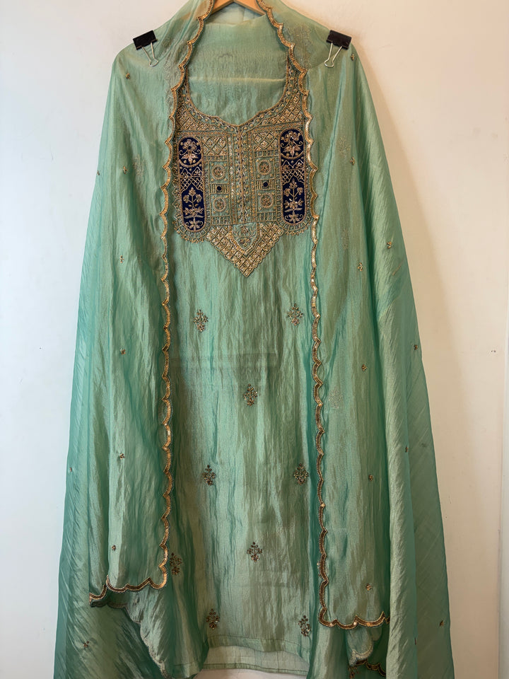 Amara – Green Crush Tissue Anti-Gold Zardozi Ensemble