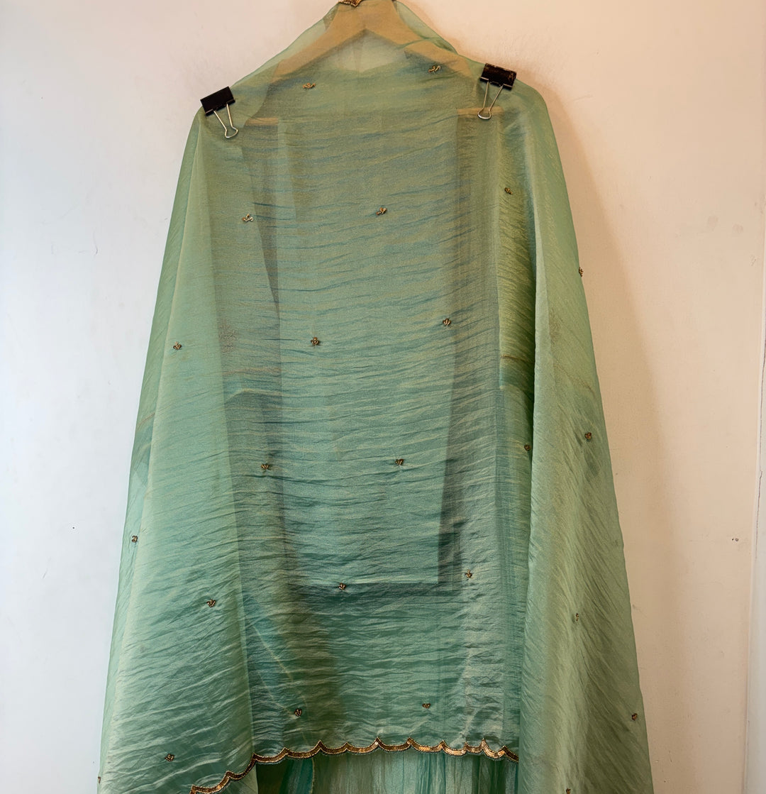 Amara – Green Crush Tissue Anti-Gold Zardozi Ensemble