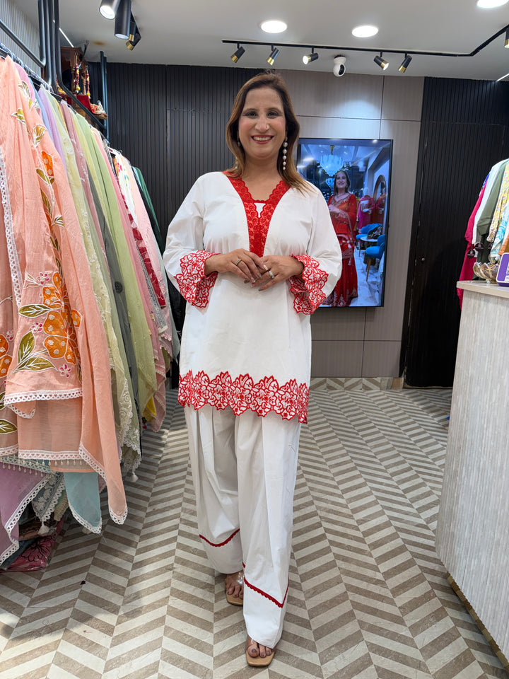 White Cotton Co-ord Set with Farshi Salwar &amp; Organza Lace Detailing
