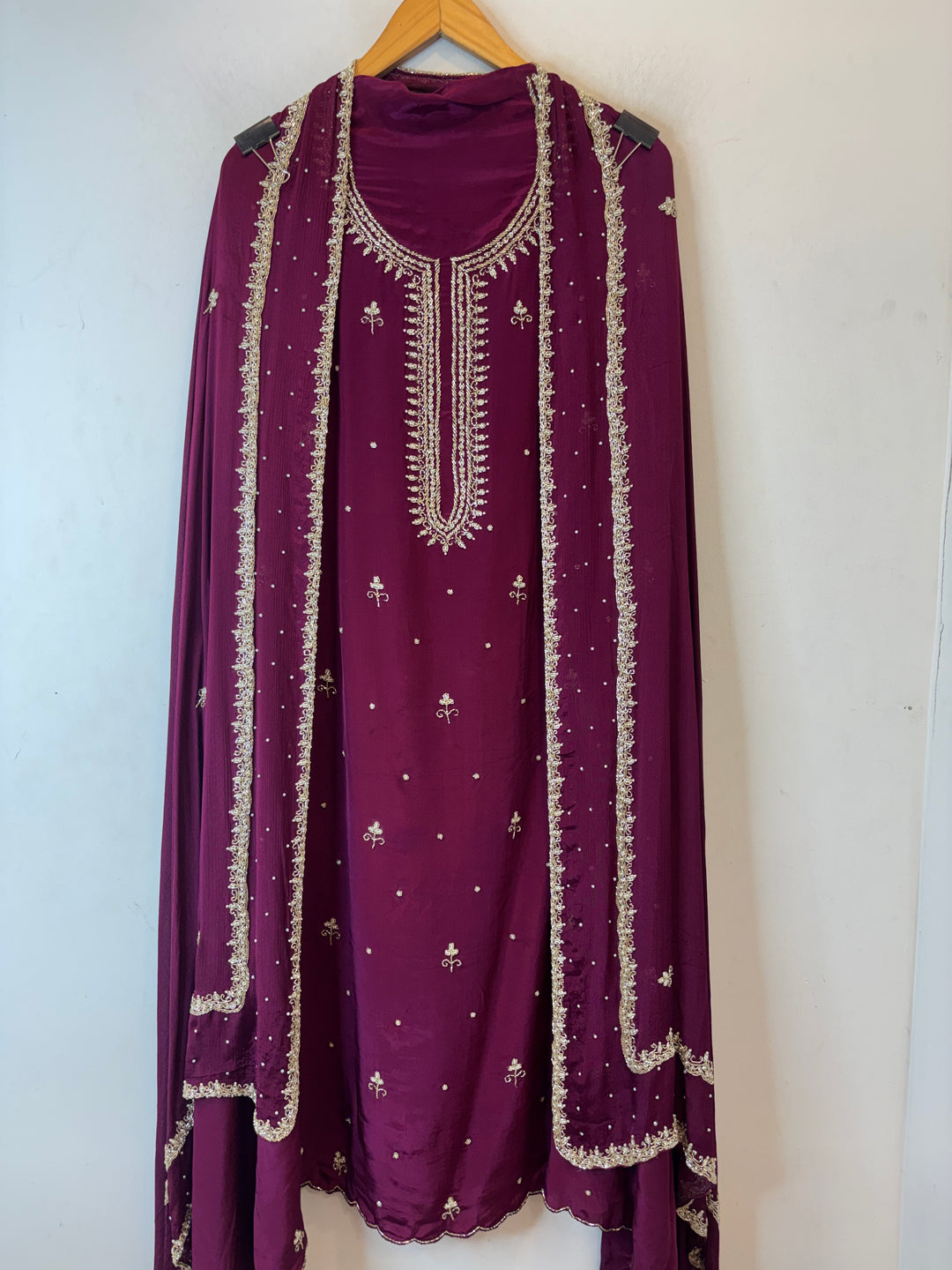 Ameera – Wine Crepe Cutdana Pearl Handwork Ensemble