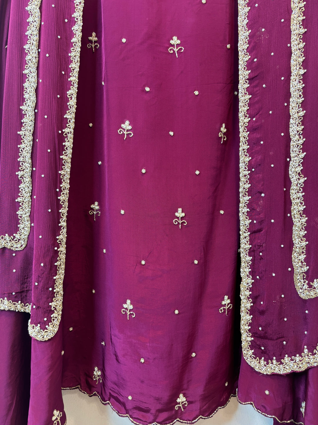 Ameera – Wine Crepe Cutdana Pearl Handwork Ensemble