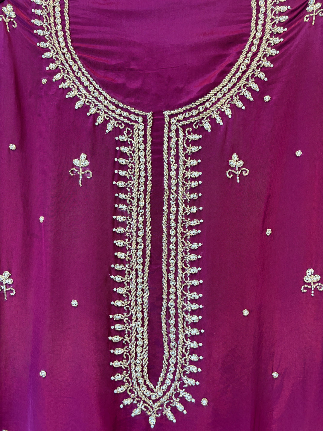 Ameera – Wine Crepe Cutdana Pearl Handwork Ensemble