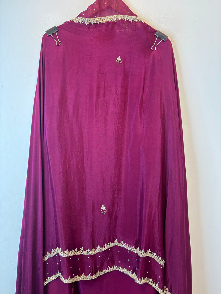Ameera – Wine Crepe Cutdana Pearl Handwork Ensemble