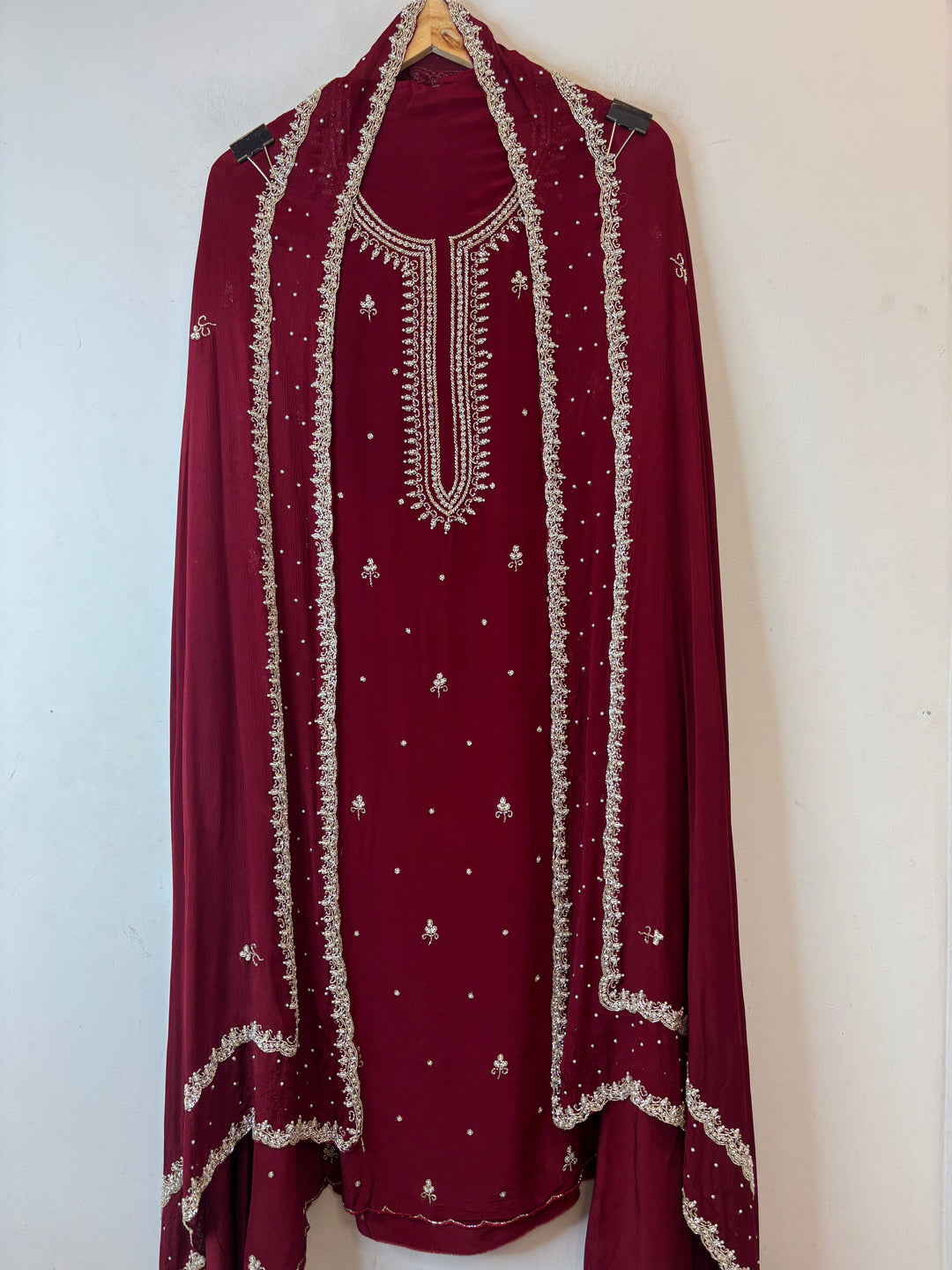 Ameera – Maroon Crepe Cutdana Pearl Handwork Ensemble