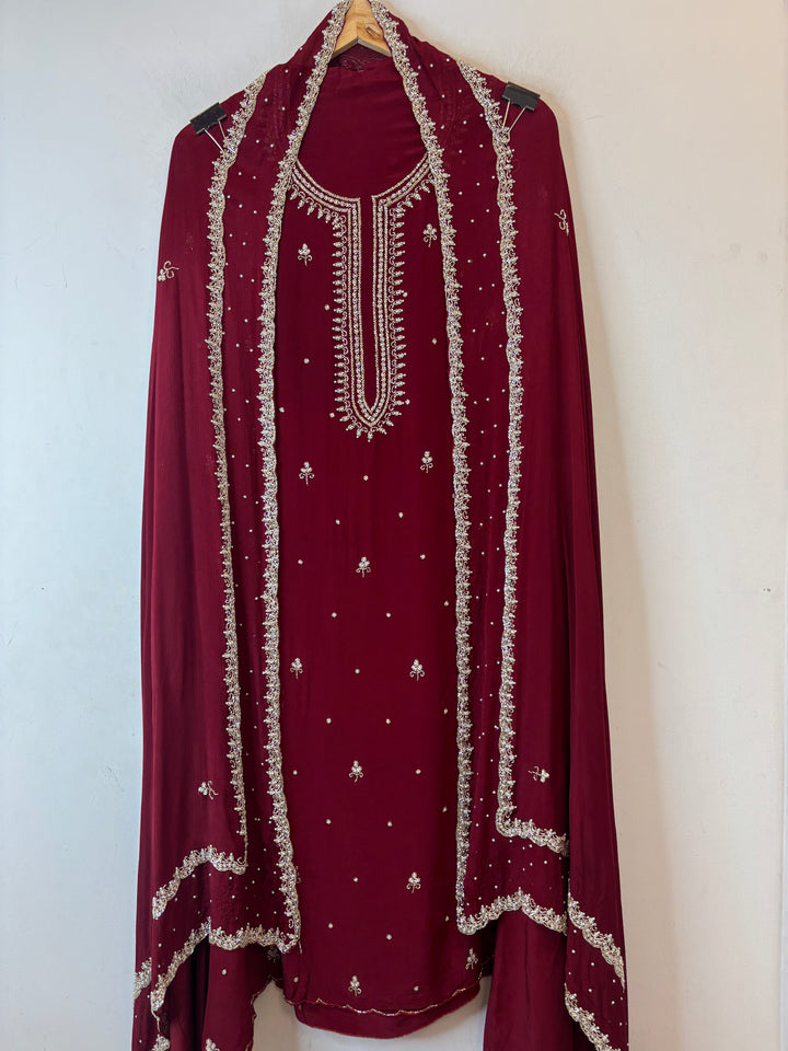 Ameera – Maroon Crepe Cutdana Pearl Handwork Ensemble