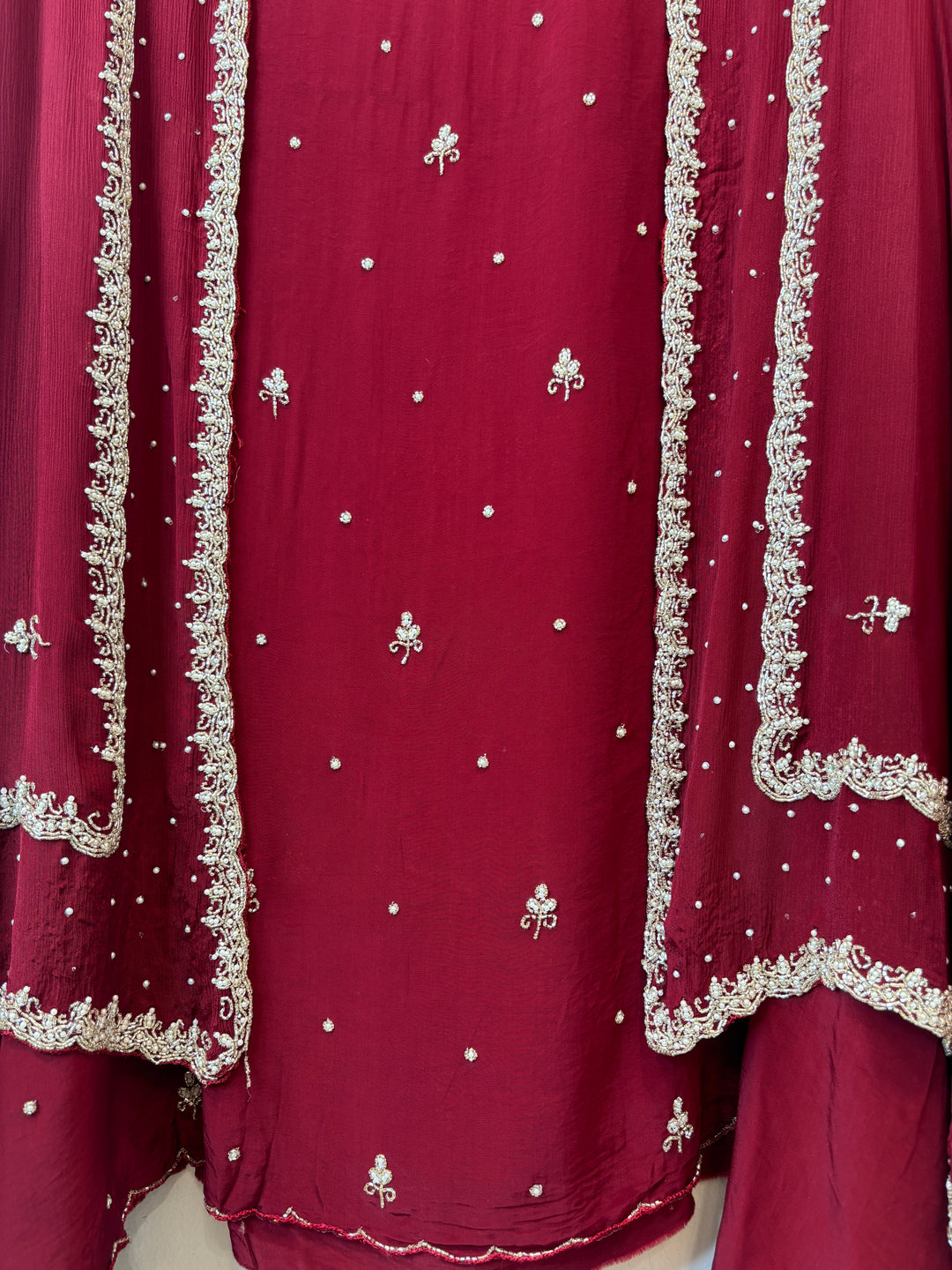 Ameera – Maroon Crepe Cutdana Pearl Handwork Ensemble