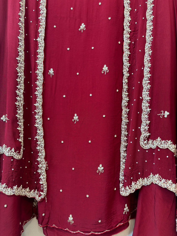 Ameera – Maroon Crepe Cutdana Pearl Handwork Ensemble