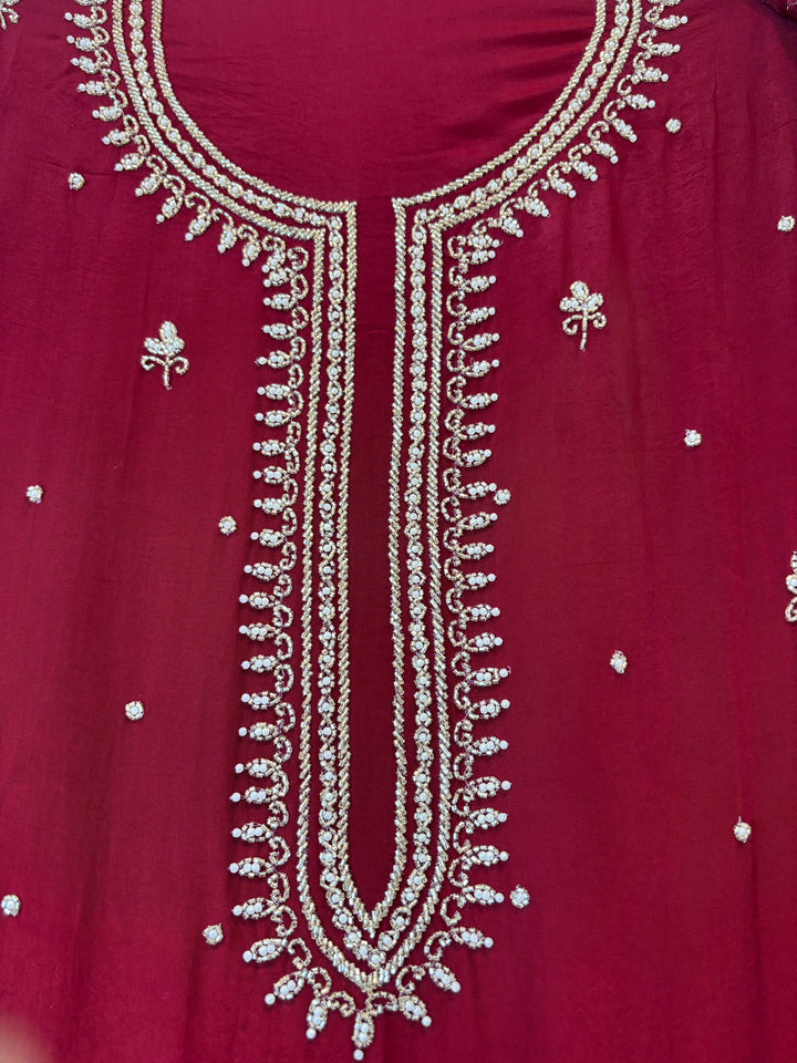 Ameera – Maroon Crepe Cutdana Pearl Handwork Ensemble