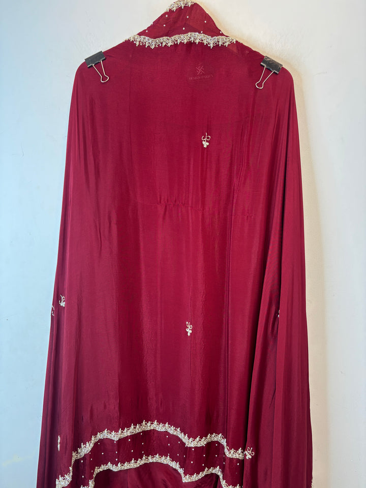 Ameera – Maroon Crepe Cutdana Pearl Handwork Ensemble