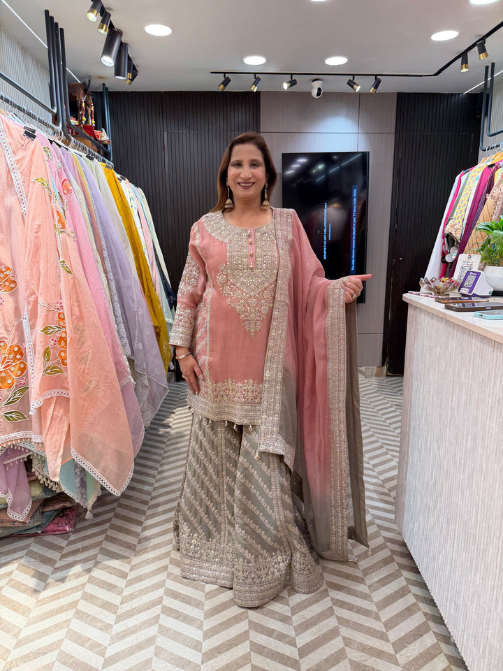 Peach Choga Style Garara Set with Ombre Dupatta &amp; Handwork Detailing