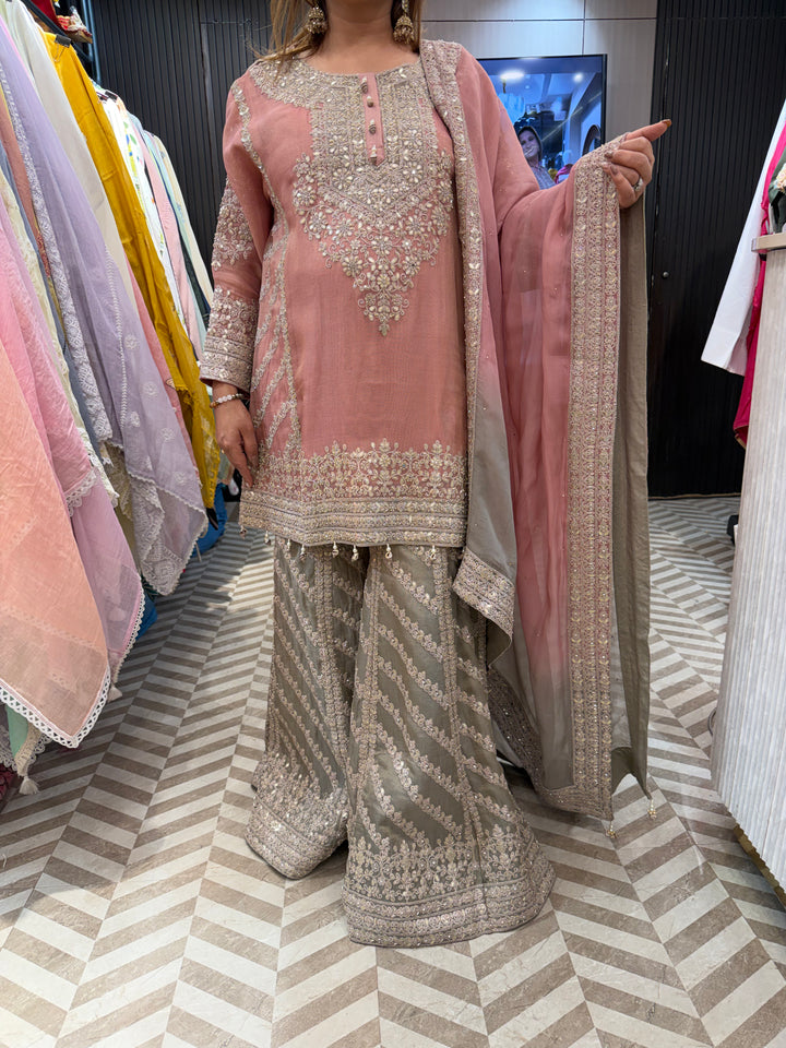 Peach Choga Style Garara Set with Ombre Dupatta &amp; Handwork Detailing