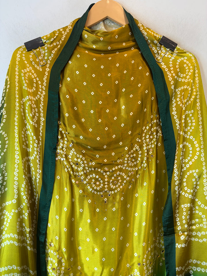 Meher – Yellow with Green Gazi Silk Bandhani Foil Mirror Ensemble DBPMP01