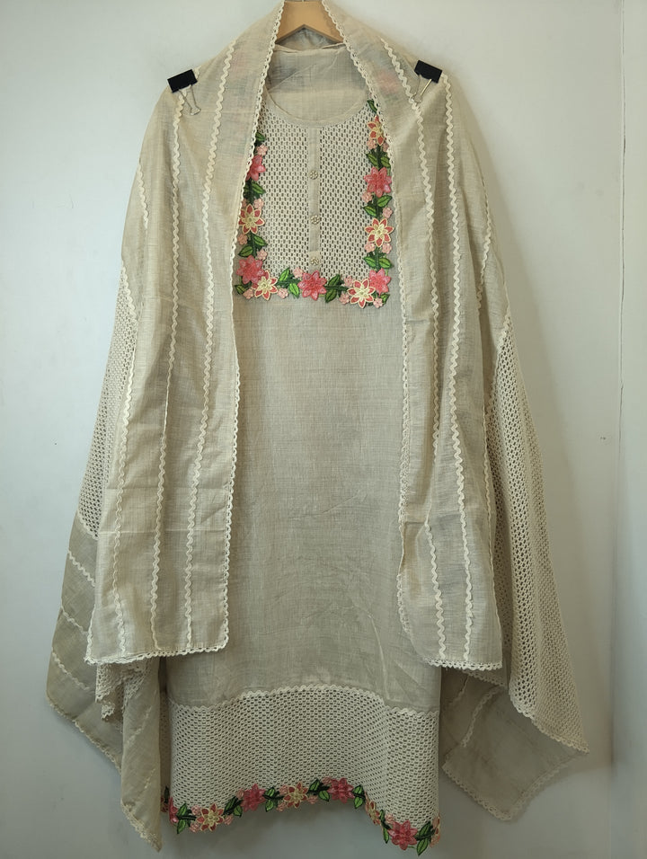 Jamdani Suit Set with Crochet &amp; 3D Floral Detailing