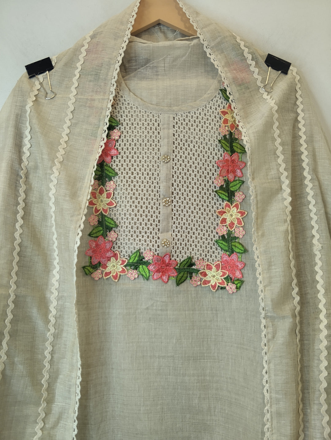 Jamdani Suit Set with Crochet &amp; 3D Floral Detailing