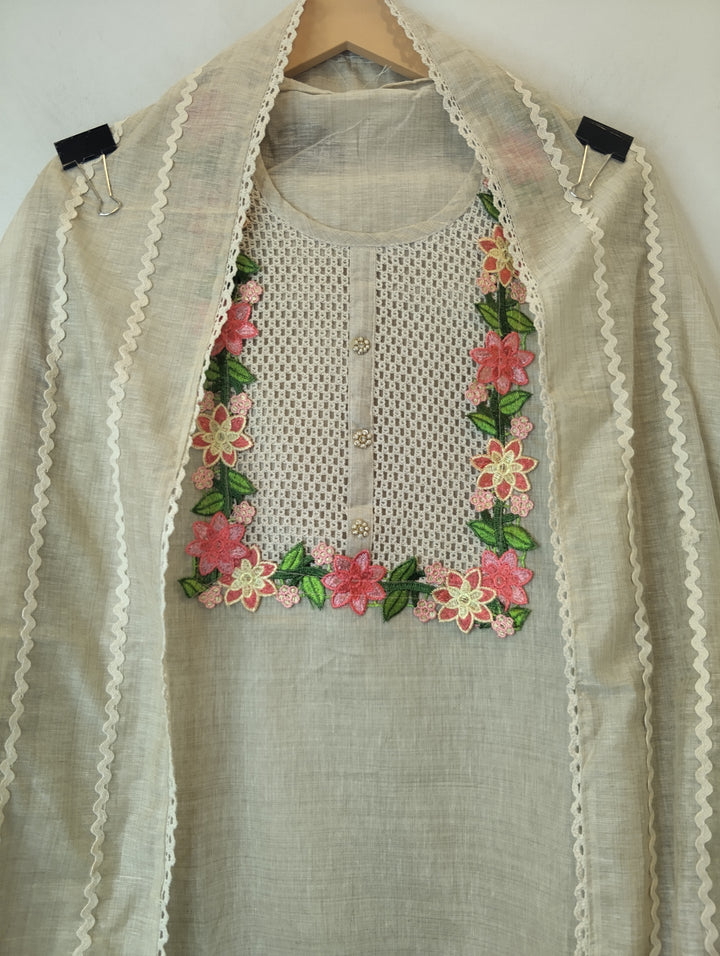 Jamdani Suit Set with Crochet &amp; 3D Floral Detailing