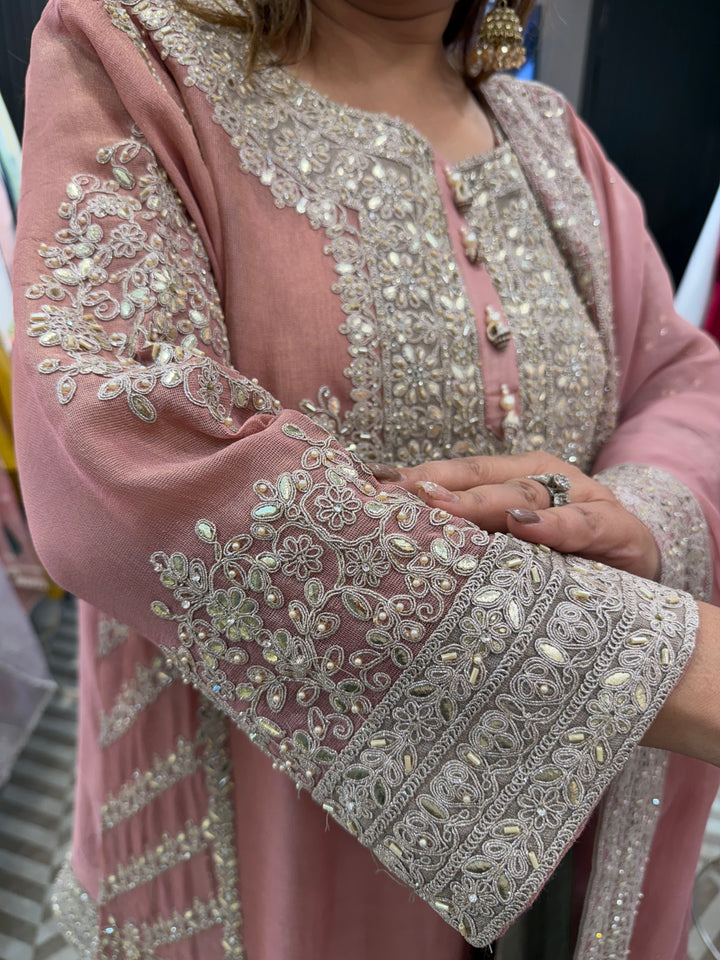 Peach Choga Style Garara Set with Ombre Dupatta &amp; Handwork Detailing