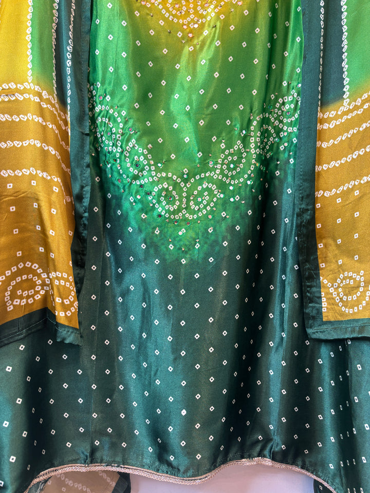 Meher – Yellow with Green Gazi Silk Bandhani Foil Mirror Ensemble DBPMP01
