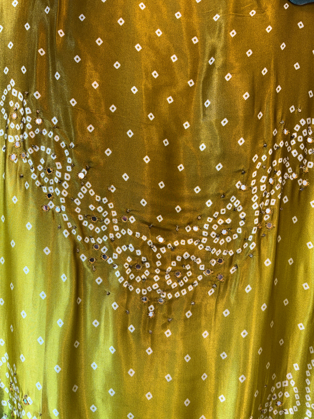 Meher – Yellow with Green Gazi Silk Bandhani Foil Mirror Ensemble DBPMP01