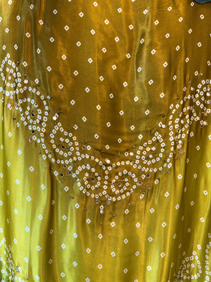 Meher – Yellow with Green Gazi Silk Bandhani Foil Mirror Ensemble DBPMP01