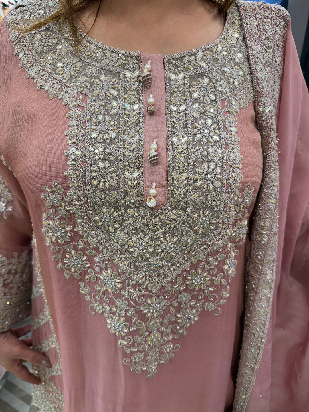 Peach Choga Style Garara Set with Ombre Dupatta &amp; Handwork Detailing