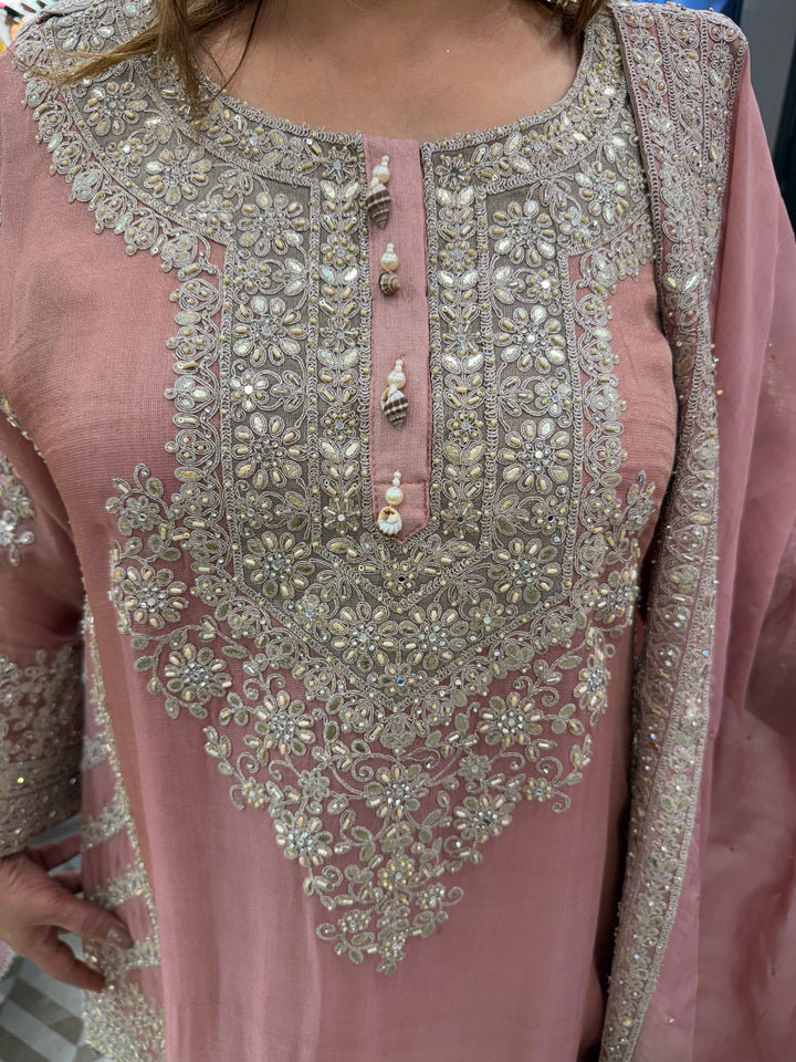 Peach Choga Style Garara Set with Ombre Dupatta &amp; Handwork Detailing