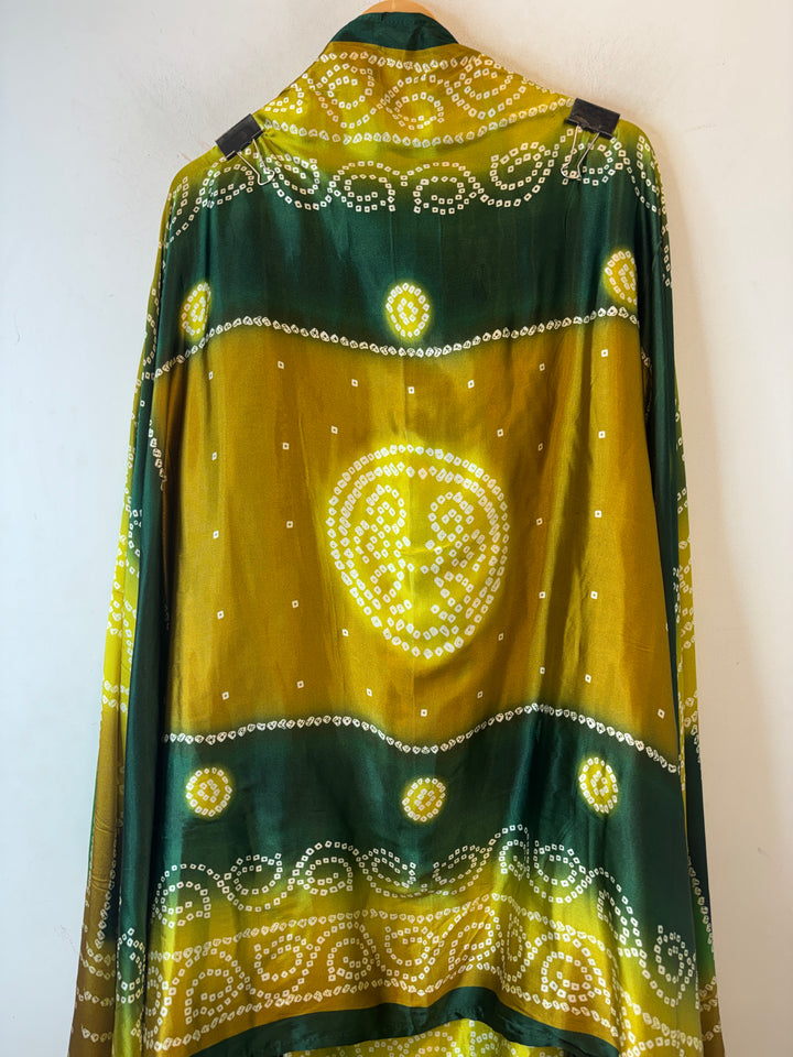 Meher – Yellow with Green Gazi Silk Bandhani Foil Mirror Ensemble DBPMP01