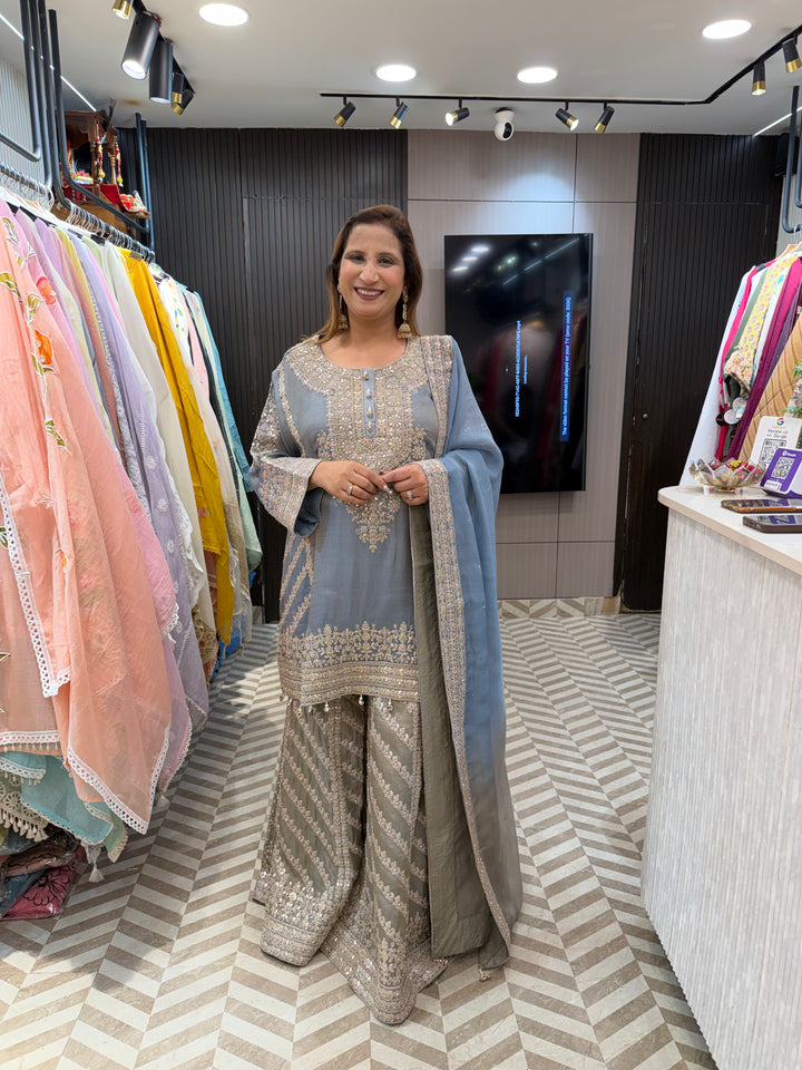 Blue Choga Style Garara Set with Ombre Dupatta &amp; Handwork Detailing