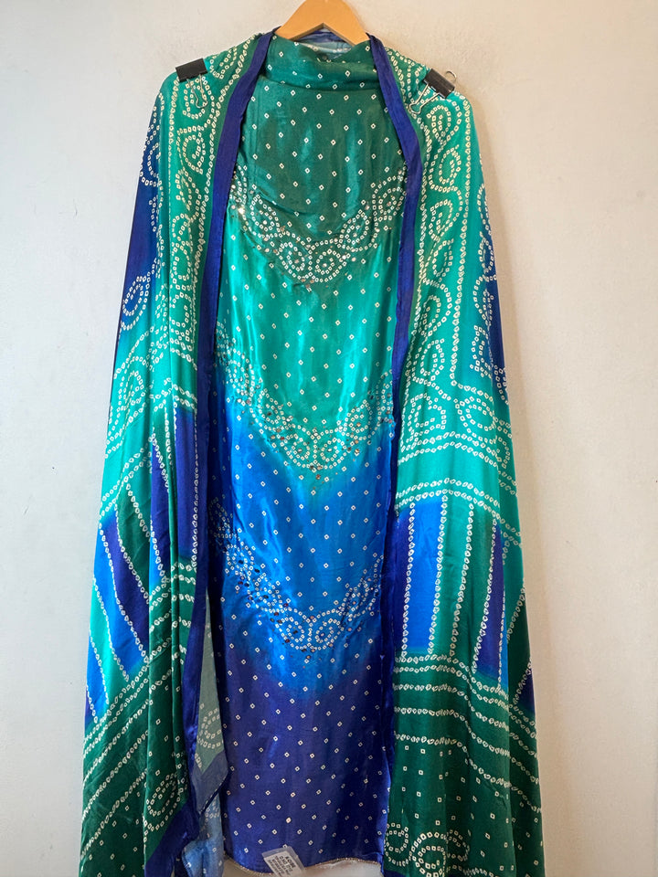 Meher – Blue  with Green Gazi Silk Bandhani Foil Mirror Ensemble DBPMP03