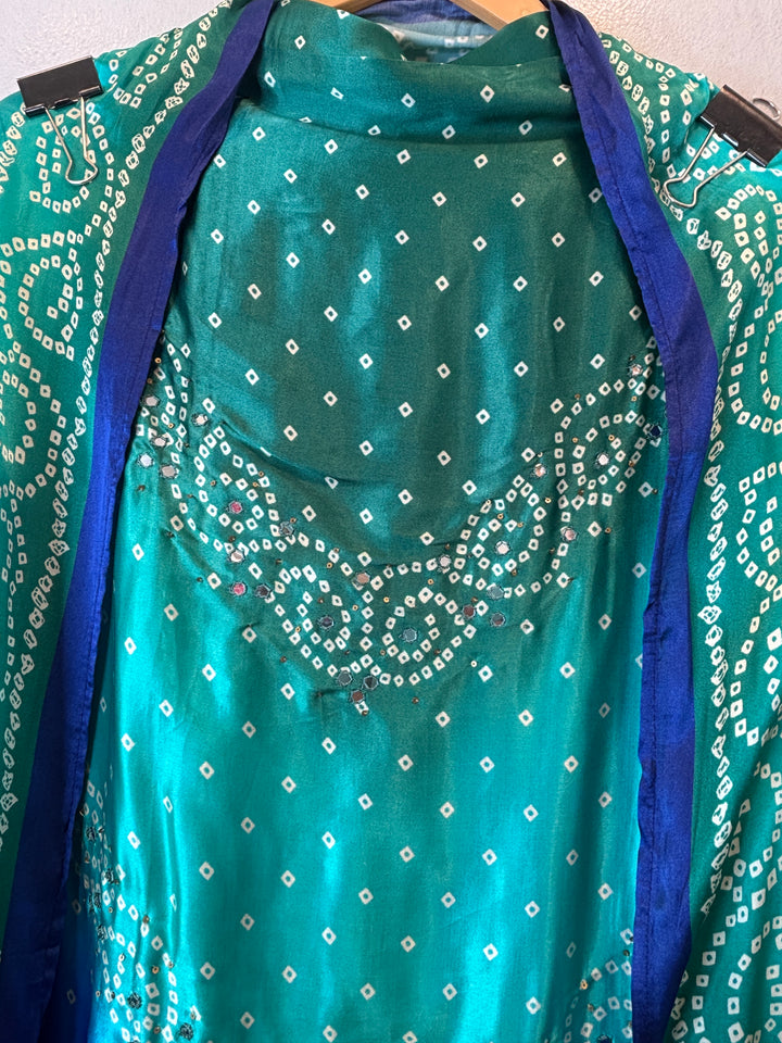 Meher – Blue  with Green Gazi Silk Bandhani Foil Mirror Ensemble DBPMP03