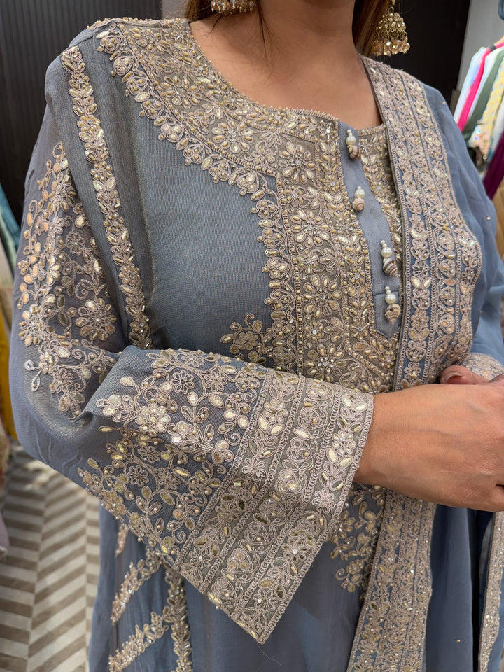 Blue Choga Style Garara Set with Ombre Dupatta &amp; Handwork Detailing