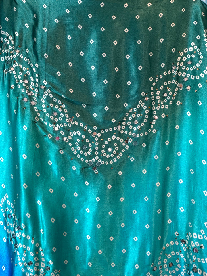Meher – Blue  with Green Gazi Silk Bandhani Foil Mirror Ensemble DBPMP03