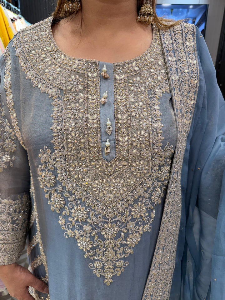 Blue Choga Style Garara Set with Ombre Dupatta &amp; Handwork Detailing
