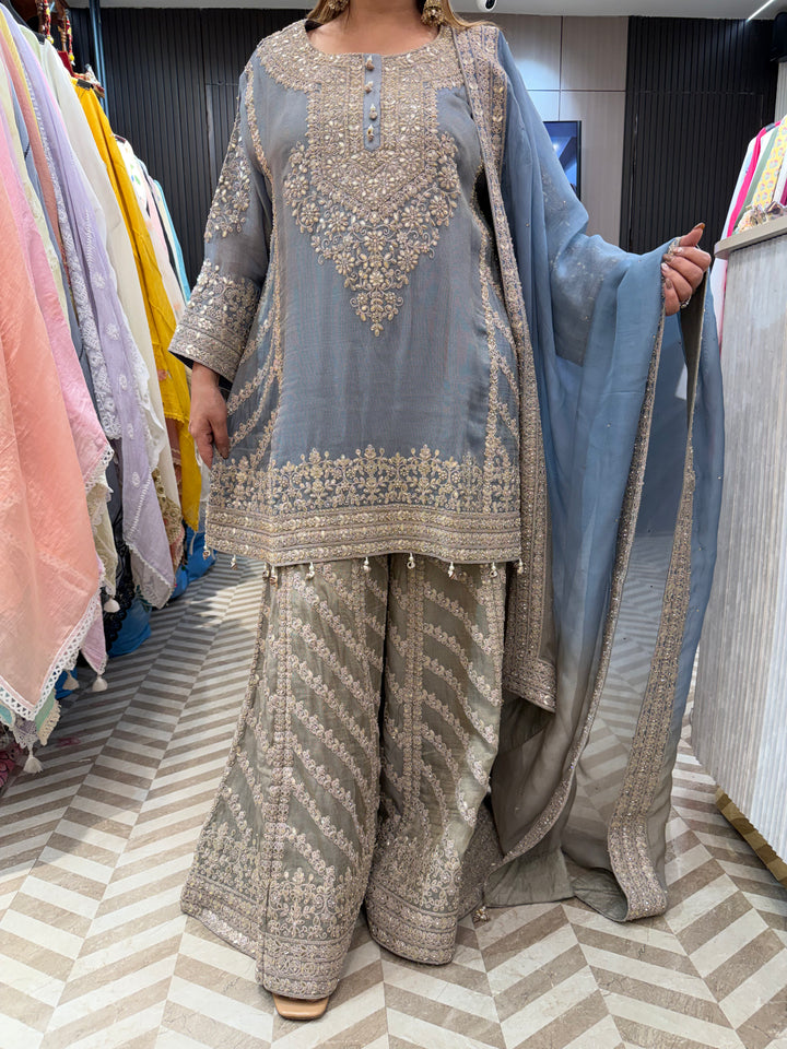 Blue Choga Style Garara Set with Ombre Dupatta &amp; Handwork Detailing