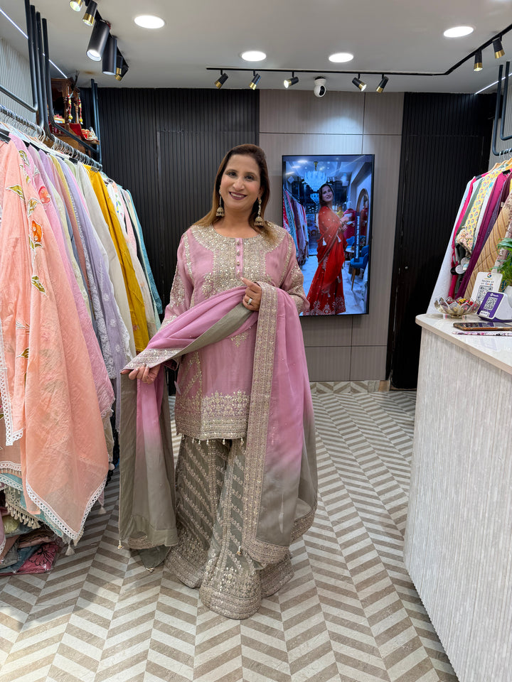 Pink Choga Style Garara Set with Ombre Dupatta &amp; Handwork Detailing