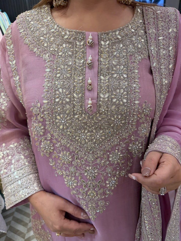 Pink Choga Style Garara Set with Ombre Dupatta &amp; Handwork Detailing